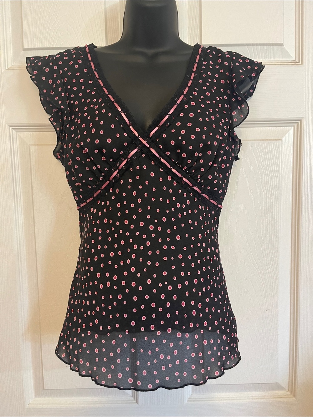 Trixxi Y2K Vintage Black Top with Pink Polka Dot Accents Lace Trim Blouse